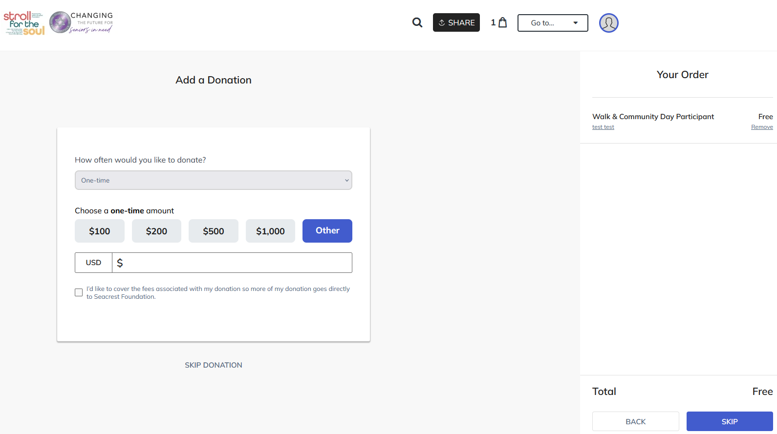 Add a Donation screen with Skip Donation below the form and a Skip button in the order panel